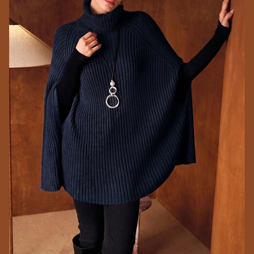 Navy Ribbed Knit Turtleneck Poncho Sweater
